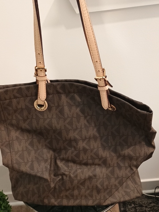 Michael Kors Handbags - Michael Kors Brown MK Logo Tote with Beige Straps